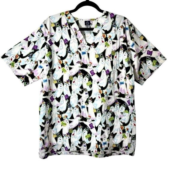 Barco Uniforms cotton cartoon ghosts print two pocket V- neck scrub top M - Picture 1 of 13